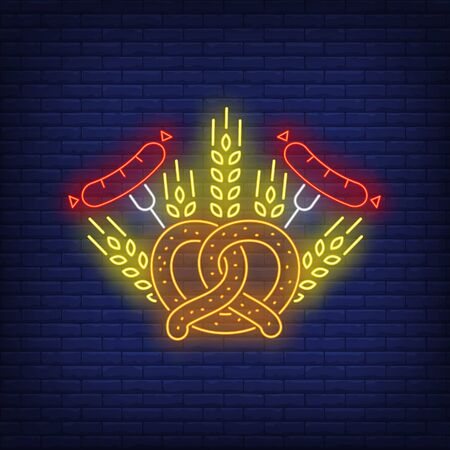 Pretzel, sausages and barley ears neon sign. Oktoberfest, appetizer, party design. Night bright neon sign, colorful billboard, light banner. Vector illustration in neon style.のイラスト素材