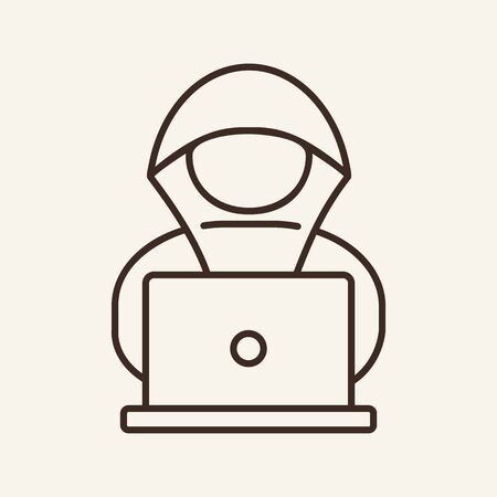 Hacker line icon. Cyber thief, burglar, criminal waring hood using laptop. Data security concept. Vector illustration can be used for topics like hacker attack, fraud, ransomwareのイラスト素材