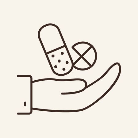 Pill in hand line icon. Capsule, tablet, vitamin. Medicine concept. Vector illustration can be used for topics like medical prescription, pharmacy, medicationのイラスト素材