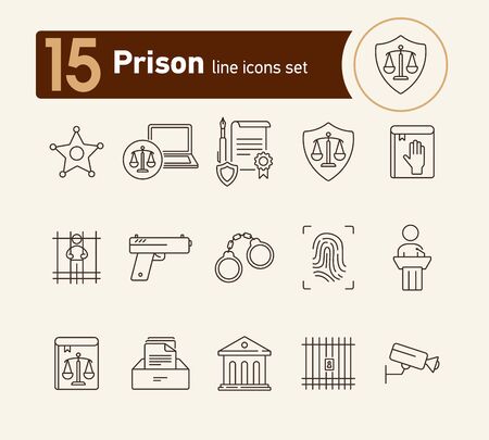 Prison line icon set. Courthouse, gun, criminal. Justice concept. Can be used for topics like arrest, investigation, punishmentのイラスト素材