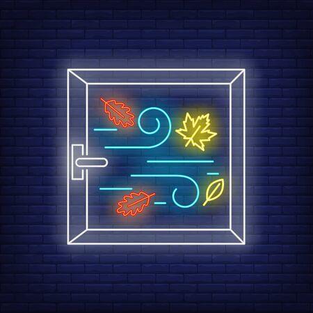 Autumn wind outdoors neon sign. Window, blowing, fall leaves. Autumn concept. Vector illustration in neon style, glowing element for topics like windy weather, cold, Novemberのイラスト素材