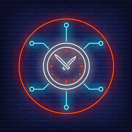 Clock with circuit board neon sign. Watch, circle, networking. Time concept. Vector illustration in neon style, glowing element for topics like artificial intelligence, programming, softwareのイラスト素材