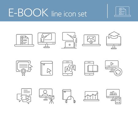 E-book line icon set. Tablet computer, device, information. Education concept. Can be used for topics like reading, studying, self-developmentのイラスト素材