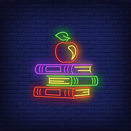 School textbooks neon sign. Stack of books and red apple. Back to school concept. Vector illustration in neon style, glowing element for topics like education, knowledge, studyingのイラスト素材