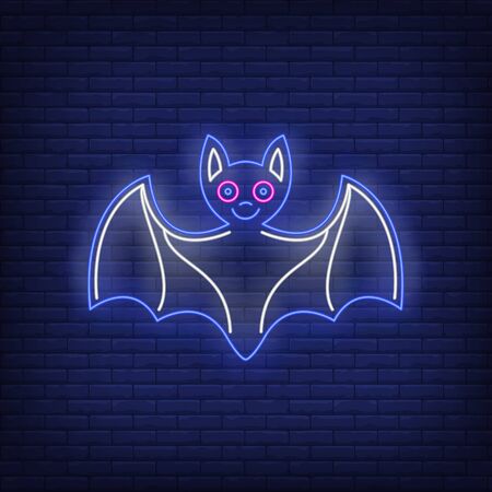 Cute bat with spread wings neon sign. Halloween, animal, advertisement design. Night bright neon sign, colorful billboard, light banner. Vector illustration in neon style.のイラスト素材
