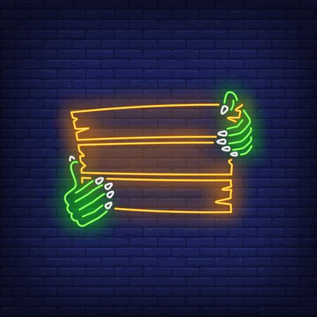Zombie hands holding wooden signboard neon sign. Halloween, monster, horror design. Night bright neon sign, colorful billboard, light banner. Vector illustration in neon style.のイラスト素材