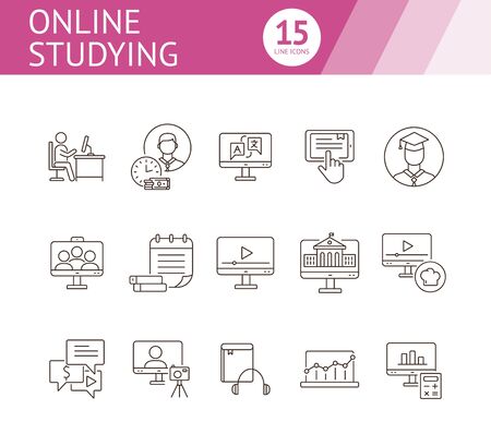 Web seminar line icon set. Computer, information, student. Educational platform concept. Can be used for topics like online college, video lesson, webinarのイラスト素材