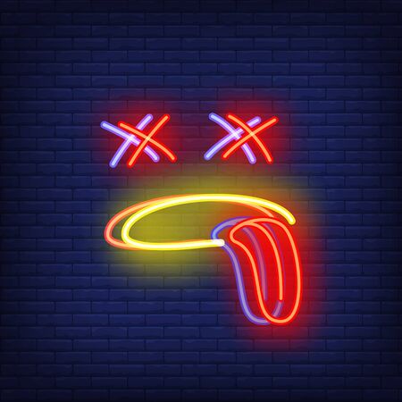 Smiley putting out tongue neon sign with chromatic aberration. Disgust, advertising design. Night bright neon sign, colorful billboard, light banner. Vector illustration in neon style.のイラスト素材