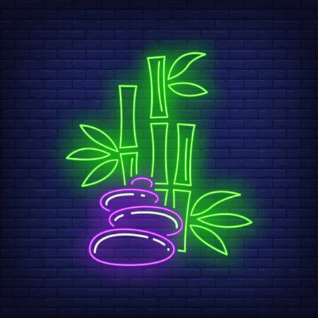 Bamboo and stones neon sign. Spa, Asia, massage design. Night bright neon sign, colorful billboard, light banner. Vector illustration in neon style.のイラスト素材