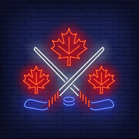 Maple leaves with crossed hockey sticks neon sign. Canada, autumn, advertisement design. Night bright neon sign, colorful billboard, light banner. Vector illustration in neon style.のイラスト素材