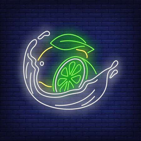 Lemon, lime and liquid splash neon sign. Citrus drink, beverage, freshness design. Night bright neon sign, colorful billboard, light banner. Vector illustration in neon style.のイラスト素材