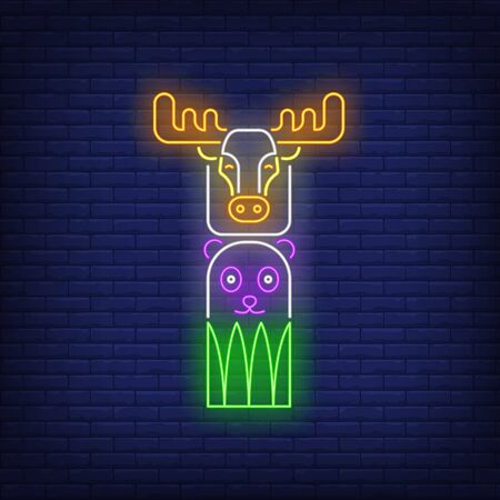 Totem pole with elk and bear neon sign. Culture, idol, religion design. Night bright neon sign, colorful billboard, light banner. Vector illustration in neon style.のイラスト素材