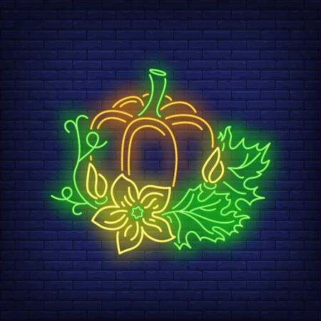 Pumpkin with leaves neon sign. Halloween party, autumn design. Night bright neon sign, colorful billboard, light banner. Vector illustration in neon style.のイラスト素材