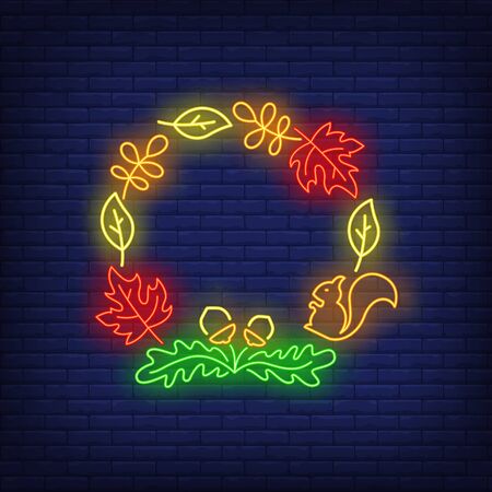 Oak, maple leaves, acorns and squirrel frame neon sign. Autumn, decoration design. Night bright neon sign, colorful billboard, light banner. Vector illustration in neon style.のイラスト素材