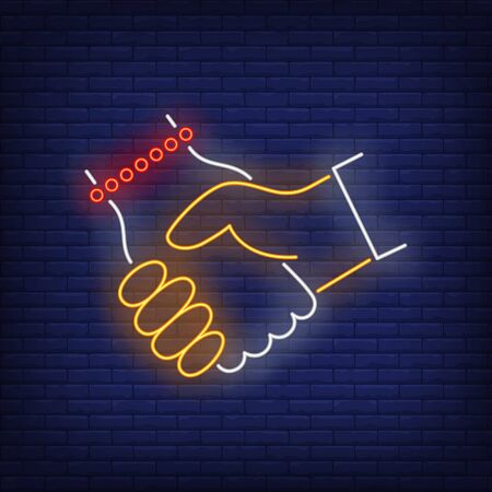 Man and woman handshake neon sign. Friendship, advertisement design. Night bright neon sign, colorful billboard, light banner. Vector illustration in neon style.のイラスト素材