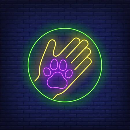 Paw footprint on palm in circle neon sign. Animal care, advertisement design. Night bright neon sign, colorful billboard, light banner. Vector illustration in neon style.のイラスト素材