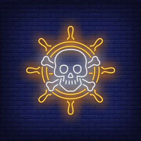 Steering-wheel with skull and crossed bones neon sign. Adventure, danger, journey design. Night bright neon sign, colorful billboard, light banner. Vector illustration in neo n style.のイラスト素材