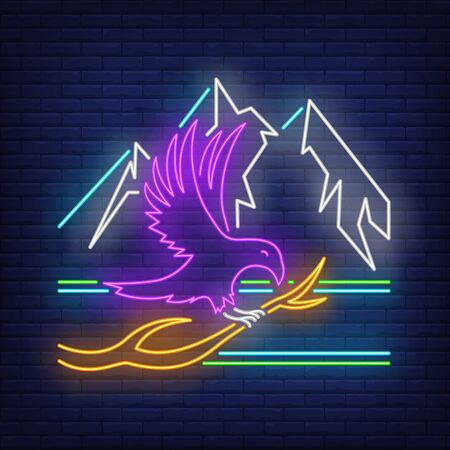 Crow sitting on branch and mountains neon sign. Bird, mystery, Halloween design. Night bright neon sign, colorful billboard, light banner. Vector illustration in neon style.のイラスト素材