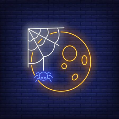Moon and spider with web neon sign. Halloween, advertisement design. Night bright neon sign, colorful billboard, light banner. Vector illustration in neon style.のイラスト素材