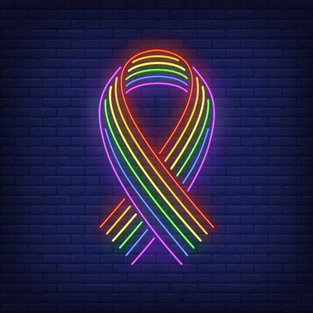 Ribbon with rainbow neon sign. Night bright neon sign, colorful billboard, light banner. Vector illustration in neon style.のイラスト素材