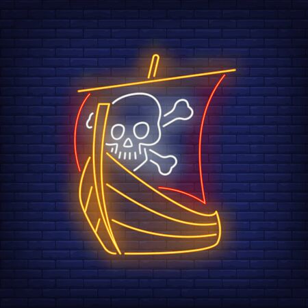 Pirate ship with skull and crossed bones on sail neon sign. Adventure, vessel, danger design. Night bright neon sign, colorful billboard, light banner. Vector illustration in neo n style.のイラスト素材
