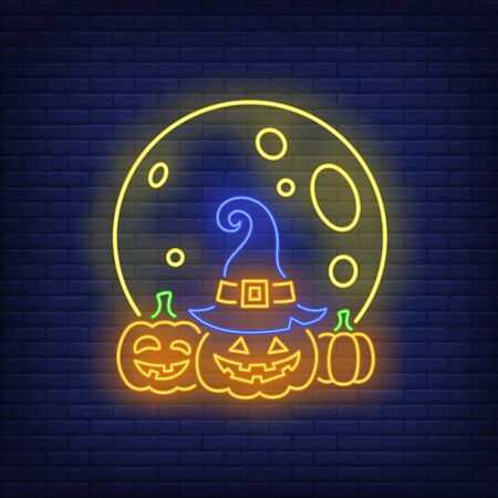 Moon and pumpkins neon sign. Halloween, advertisement design. Night bright neon sign, colorful billboard, light banner. Vector illustration in neon style.のイラスト素材