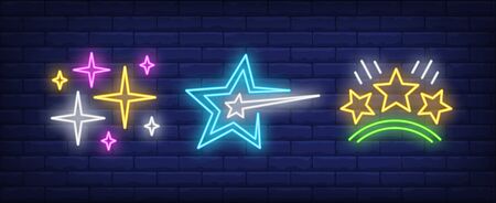 Rating stars neon signs set. Celebration, success design. Night bright neon sign, colorful billboard, light banner. Vector illustration in neon style.のイラスト素材