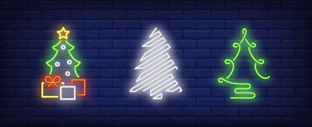 Stylized Christmas fir-trees neon signs set. Decor, New Year Day, celebration design. Night bright neon sign, colorful billboard, light banner. Vector illustration in neon style.のイラスト素材