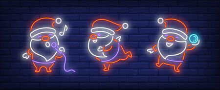 Santa Clauses with microphone and snowball neon signs set. Christmas, New Year Day design. Night bright neon sign, colorful billboard, light banner. Vector illustration in neon style.のイラスト素材