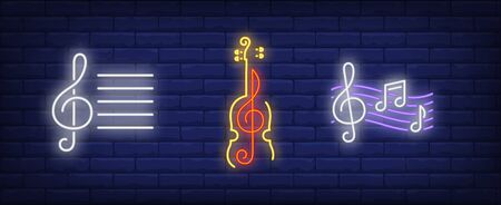 Music notes, violin silhouette and treble clefs neon signs set. Melody, classical music, sound design. Night bright neon sign, colorful billboard, light banner. Vector illustration in neon style.のイラスト素材