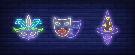 Masks, wizard hat and beard neon signs set. Carnival, fun, party, masquerade design. Night bright neon sign, colorful billboard, light banner. Vector illustration in neon style.のイラスト素材