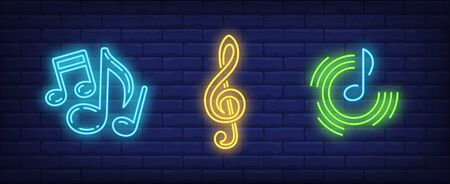 Music notes and treble clef neon signs set. Melody, classical music, sound design. Night bright neon sign, colorful billboard, light banner. Vector illustration in neon style.のイラスト素材