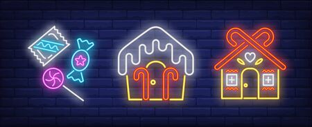 Gingerbread cookie houses with candy canes neon signs set. Christmas, New Year Day, celebration design. Night bright neon sign, colorful billboard, light banner. Vector illustration in neon style.のイラスト素材