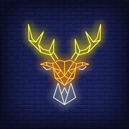Geometric reindeer head neon sign. Christmas and New Year Day design. Night bright neon sign, colorful billboard, light banner. Vector illustration in neon style.のイラスト素材