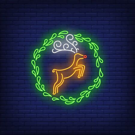 Reindeer in wreath neon sign. Christmas and New Year Day design. Night bright neon sign, colorful billboard, light banner. Vector illustration in neon style.のイラスト素材