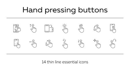 Hand pressing buttons on screen icons. Set of line icons. Hand holding mobile, hands with tablet. Touchscreen concept. Vector illustration can be used for topics like modern technologies, internetのイラスト素材