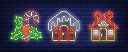 Candy canes and gingerbread houses neon signs set. Christmas, New Year Day, celebration design. Night bright neon sign, colorful billboard, light banner. Vector illustration in neon style.のイラスト素材