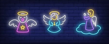 Angel neon sign set. Religion, heaven, aureola. Night bright advertisement. Vector illustration in...