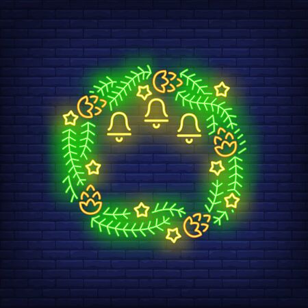 Green Christmas wreath neon sign. Christmas, tree, New Year. Night bright advertisement. Vector illustration in neon style for poster, bannerのイラスト素材