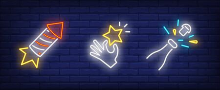 Festive event neon sign set. Petard, champagne bottle opening, star in hand. Vector illustration in neon style, bright billboard for topics like celebration, festive event, successのイラスト素材