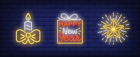 Happy New Year neon sign collection. New Year, Christmas, garland. Night bright advertisement. Vector illustration in neon style for banner, billboardのイラスト素材