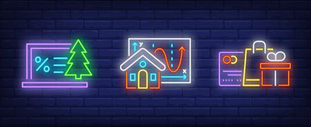 Christmas shopping neon sign set. Discount, credit card, gift box, map. Vector illustration in neon style, bright banner for topics like New Year sale, special offer, online storeのイラスト素材