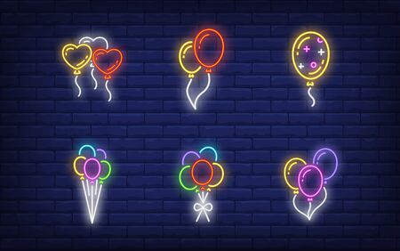 Balloons neon sign collection. Glowing neon balloons and gift. Holiday, celebration, present. Vector illustration in neon style for greeting card, invitation, announcementのイラスト素材