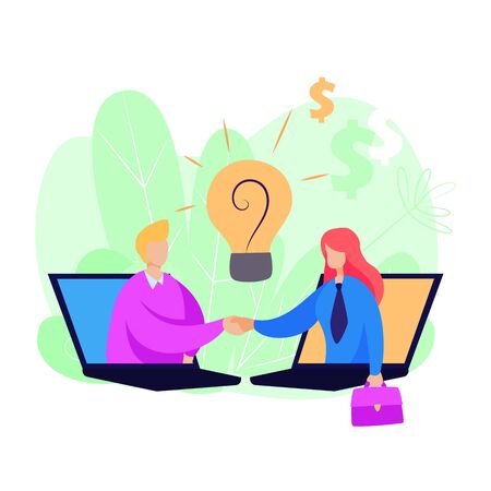 Women sticking out from computer screens and shaking hands. Laptop, lightbulb, handshake. Business concept. Vector illustration for topics like agreement, deal, cooperationのイラスト素材