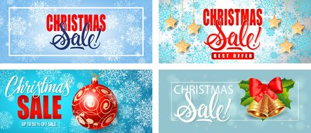 Christmas Sale banners set with snowflakes, hanging stars and bells on pale blue background. Vector illustration for advertising design, flyer and poster templatesのイラスト素材