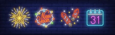 December thirty first on calendar and fireworks neon signs set. Christmas, New Year Day design. Night bright neon sign, colorful billboard, light banner. Vector illustration in neon style.のイラスト素材