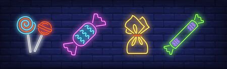Sweet, lollipop and gift neon signs set. Celebration, birthday, holiday party design. Night bright neon sign, colorful billboard, light banner. Vector illustration in neon style.のイラスト素材