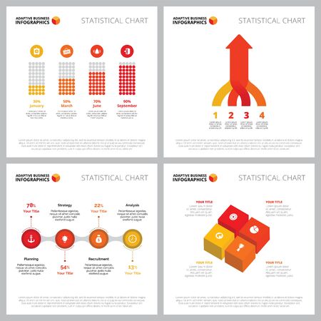 Creative infographic set for startup, launch, new idea concept. Can be used for business project, annual report, web design, workflow layout. Bar chart, percentage diagram, flowchart, process, rocketのイラスト素材