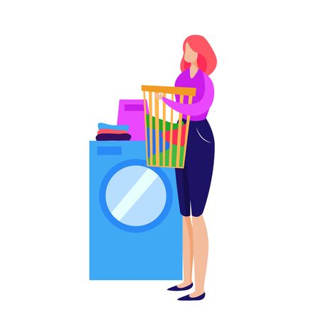 Housewife doing laundry. Woman standing at washing machine and holding linen basket vector illustration. Household concept for banner, website design or landing web pageのイラスト素材