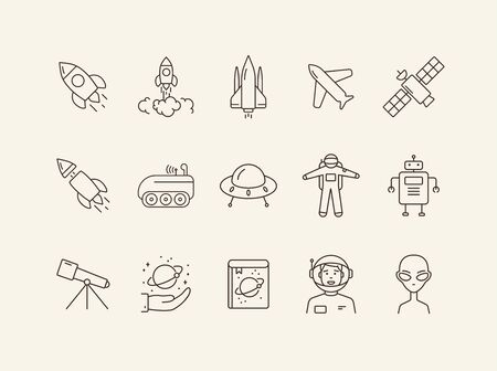 Space technology icons. Rocket, spaceship, satellite. Space technology concept. Vector illustration can be used for topics like space, technologies, universeのイラスト素材